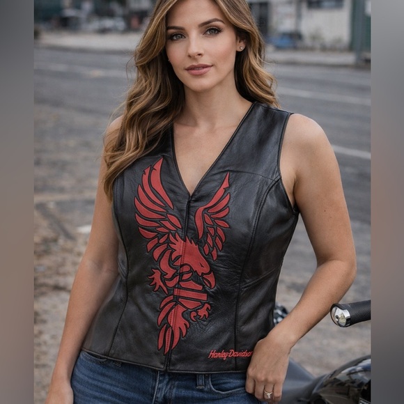 Harley-Davidson Jackets & Blazers - Harley-Davidson Women’s Leather Eagle Appliqué Top Black Red Size M 2002